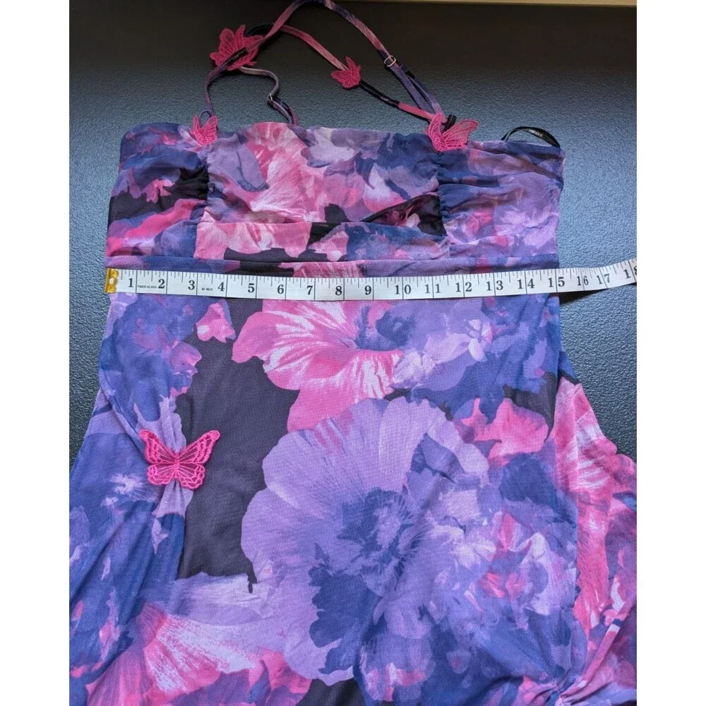 Forever 21 Women's Dress Asymmetric Floral Y2K Fairy Butterfly Ruched Size Large